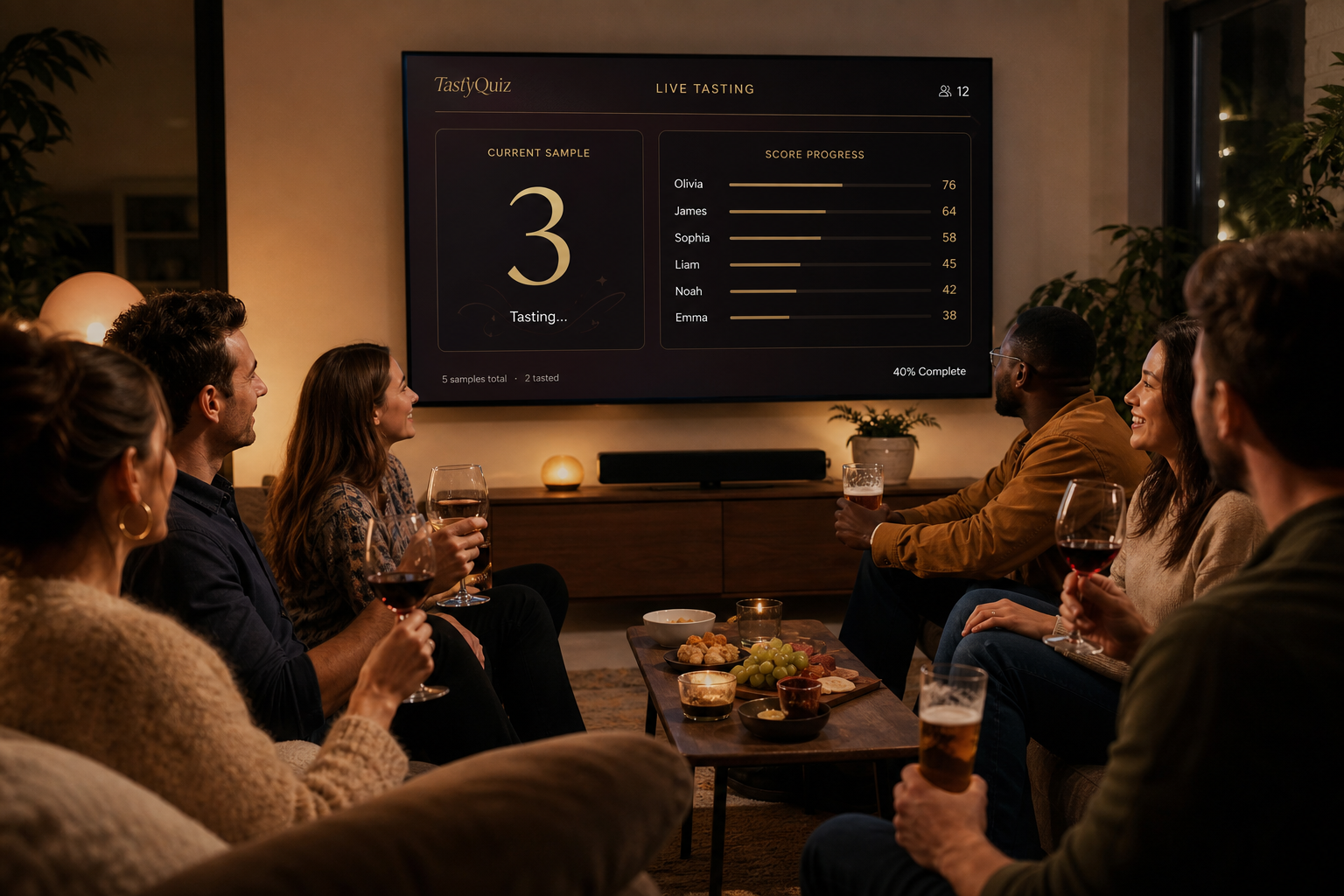 Parta přátel u velké televize s živým TastyQuiz dashboardem